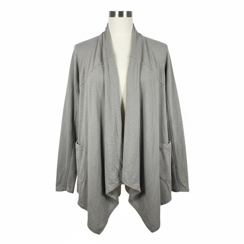 LOGO Lori Goldstein Cardigan 1X Grey Open Front Waterfall Hem Plus Size Neutral‎
